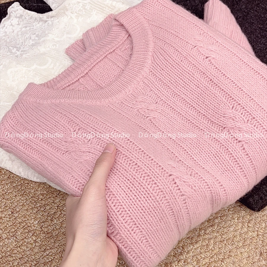 冬季新品【少女心】全毛圆领麻花纯色宽松套头长袖针织衫毛衣 7212