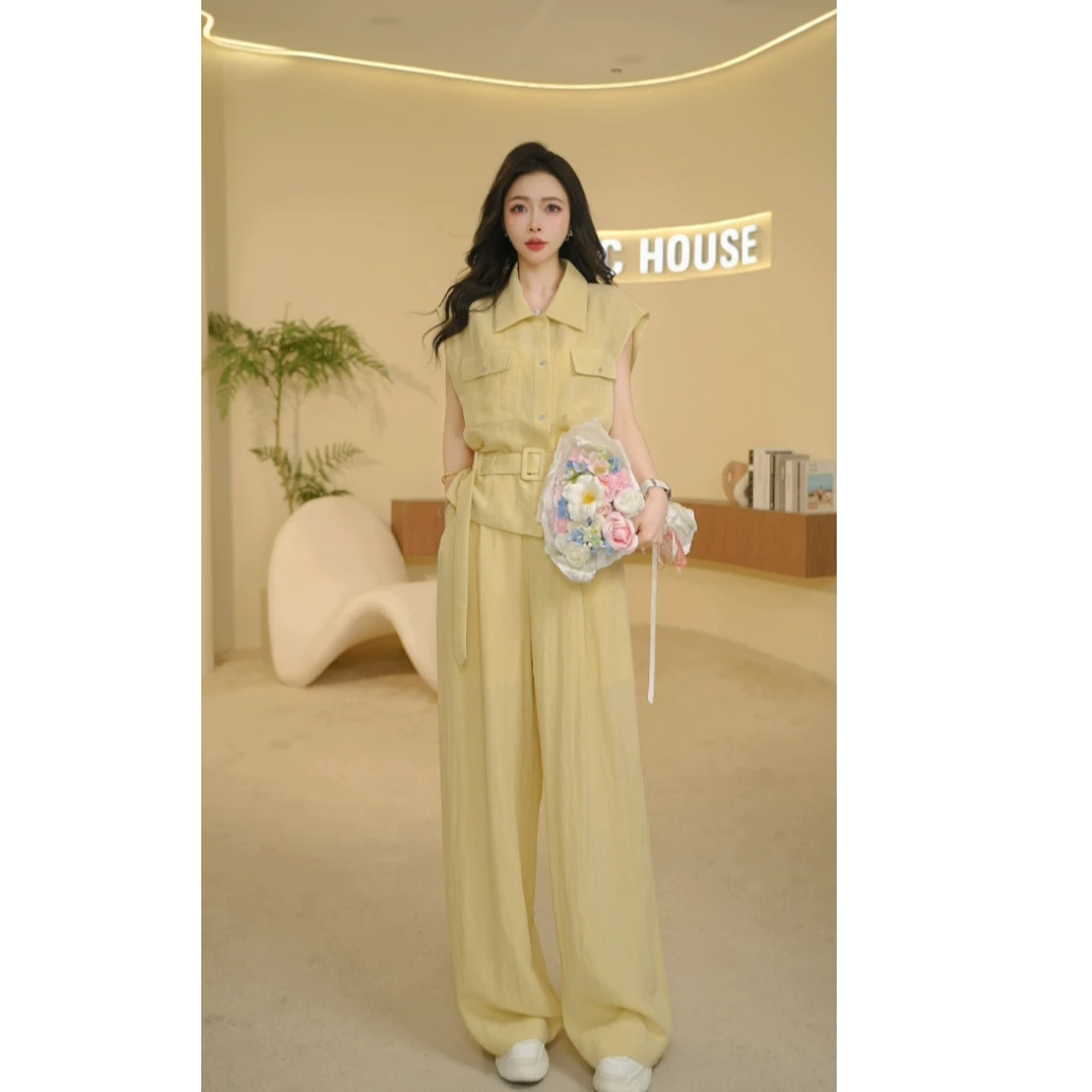 Basic House/百家好2025气质设计师无袖腰带衬衫长裤两件套