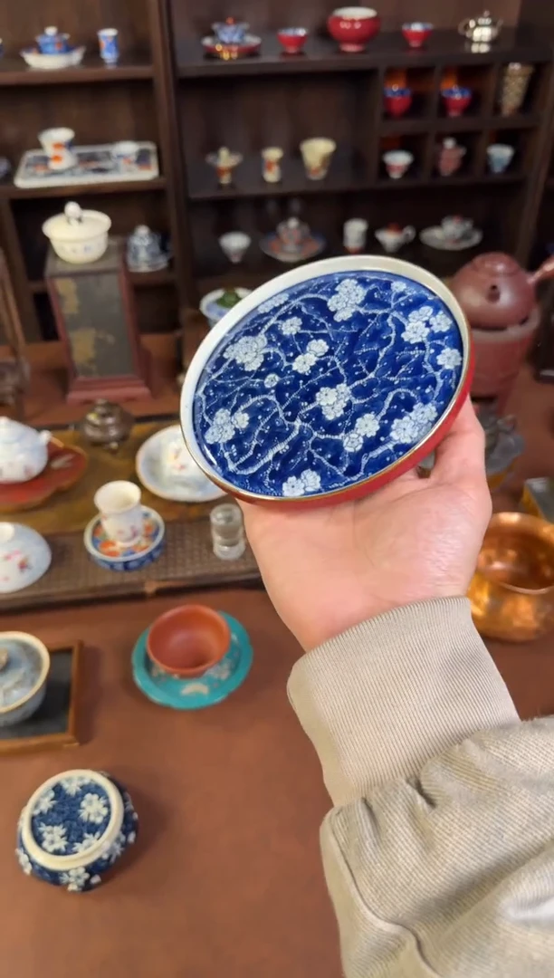 景德镇手绘青花冰梅胭脂红壶承