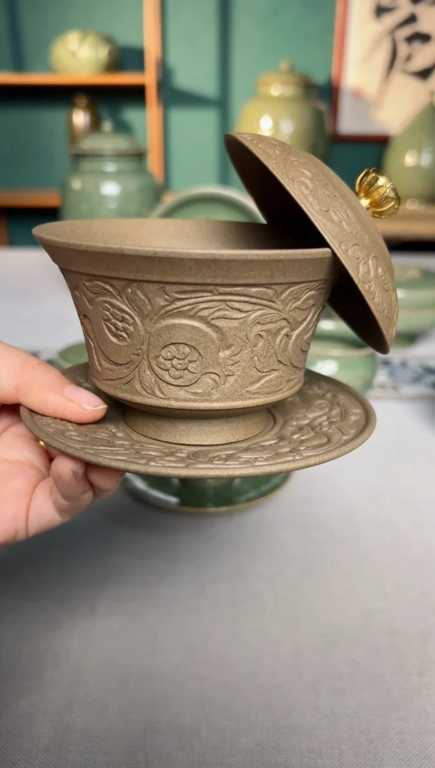 【闪购商品】其他耀州窑素胚瓷化凤衔石榴三才盖碗