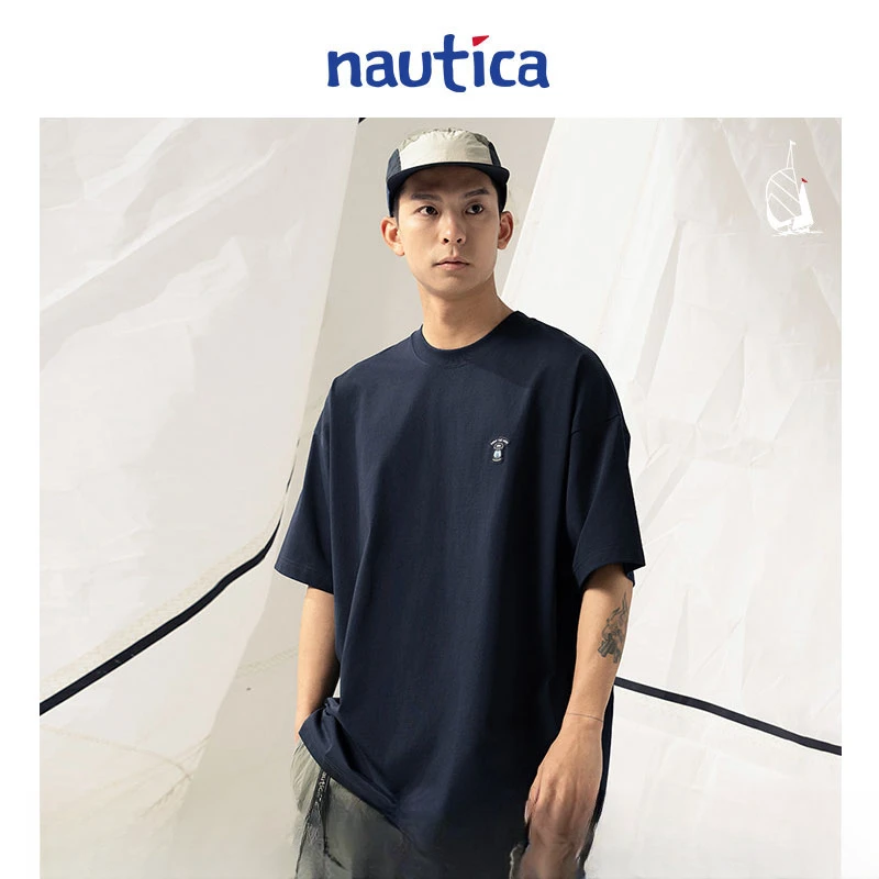 nautica白帆日系短袖宽松简约印花圆领户外潮牌白百搭t恤雅丹风