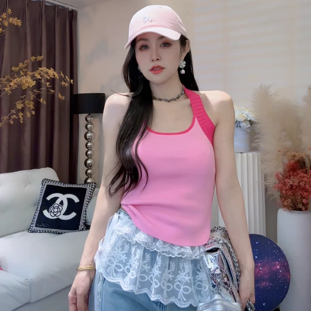 L.X~撞色挂脖针织衫吊带背心女春季新款短款修身百搭小背心6218