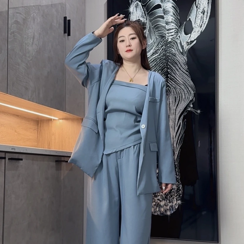 春季新款韩版西服外套+抹胸+西服阔腿裤套装女
