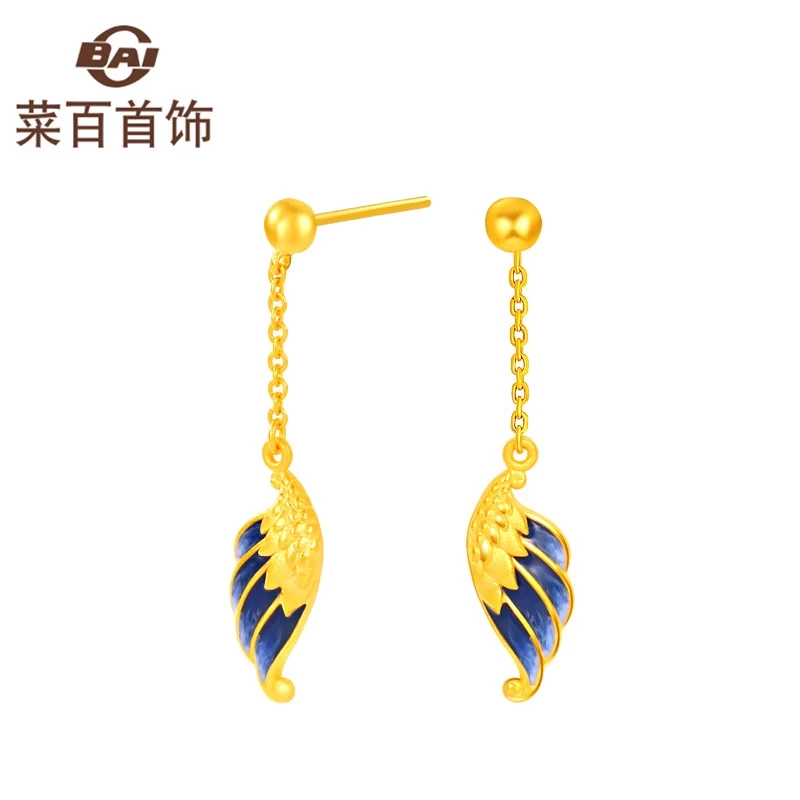 菜百首饰黄金耳坠足金时尚蓝色羽毛足金耳环耳饰【直针弯钩混发】