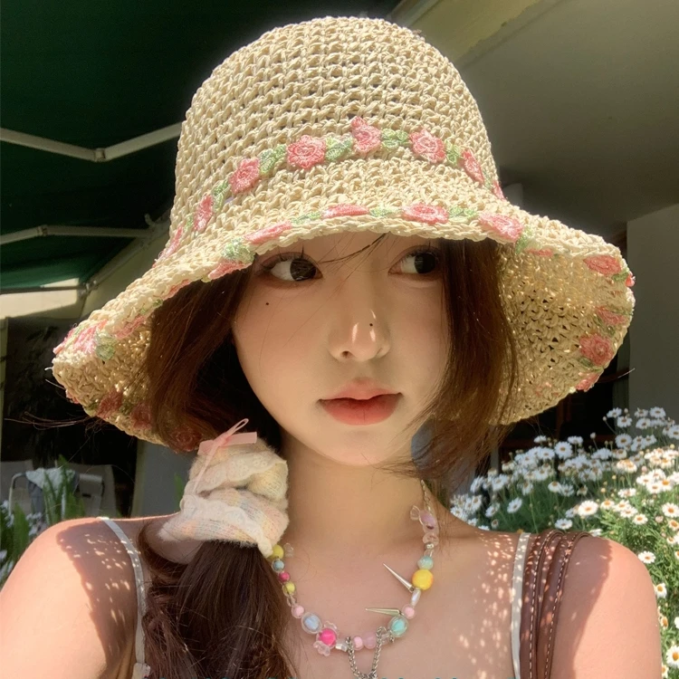 草花朵帽子女2025夏季新款田园海边度假拍照草帽遮阳透气显脸小LX
