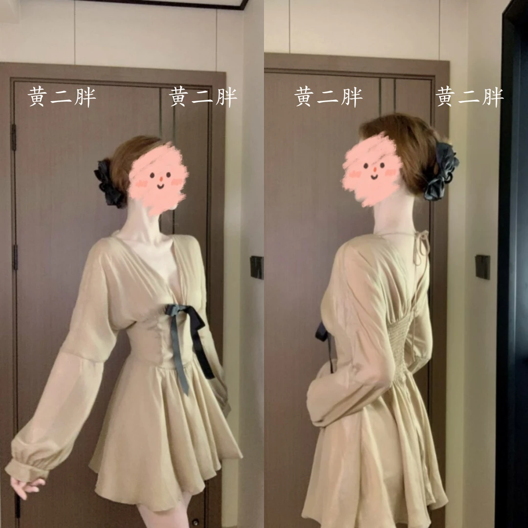 浪漫法式V领长袖收腰连衣裙女2025初夏新款温柔风显瘦a字裙短裙子