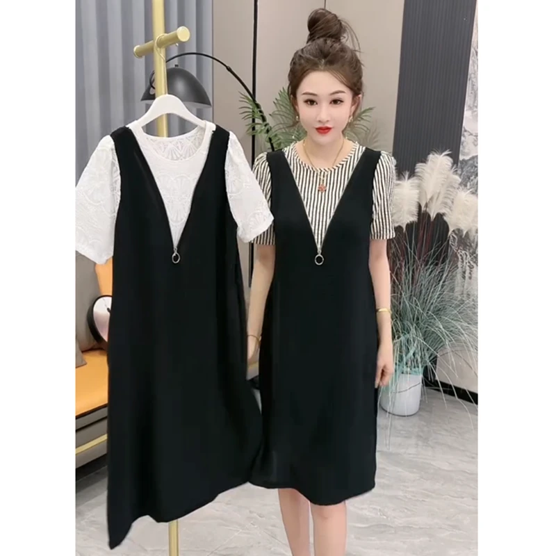 【有口袋】大码女装遮肚子假两件连衣裙显瘦洋气减龄韩版气质中长裙