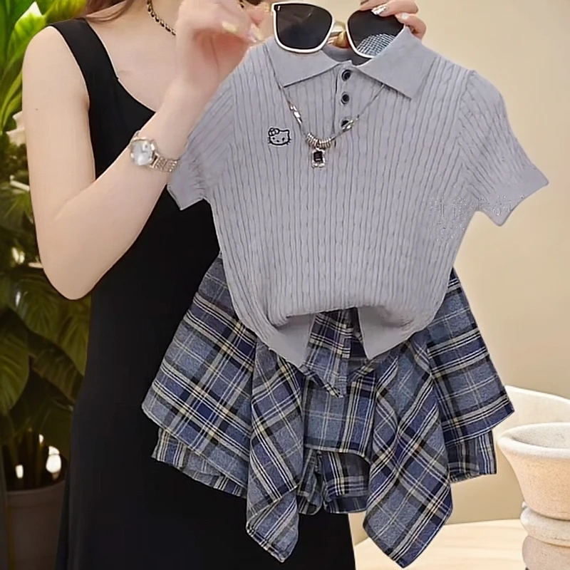 女童2025夏季新款百搭短袖时尚格子裙套装韩版气质洋气针织宝宝
