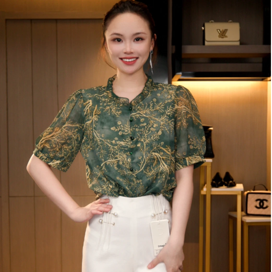 L4X1650 法式复古短袖显瘦气质琉璃双绉丝T恤上衣