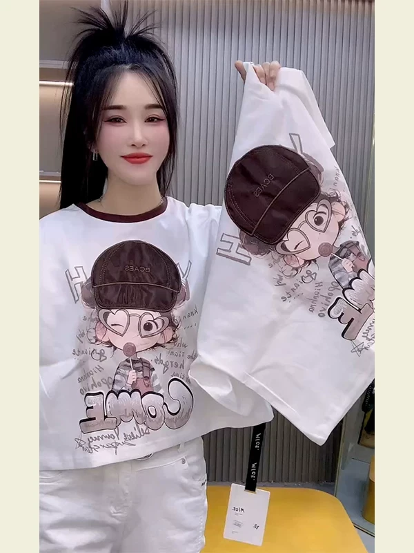 欧货2025春夏新款潮流 帽子女孩立体设计圆领短袖t袖中长款显瘦