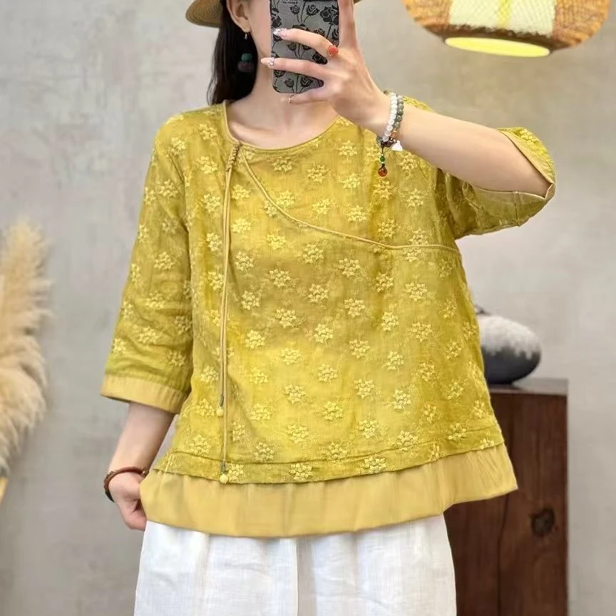 素陌  原创设计定制高密刺绣苎麻圆领小衫时尚减龄百搭洋气短袖