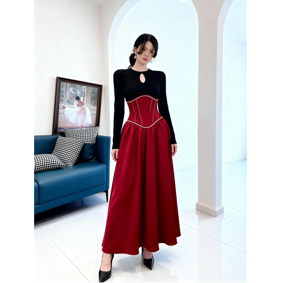 法式不规则款新娘秋冬连衣裙修身褶皱酒红色优雅长袖928451