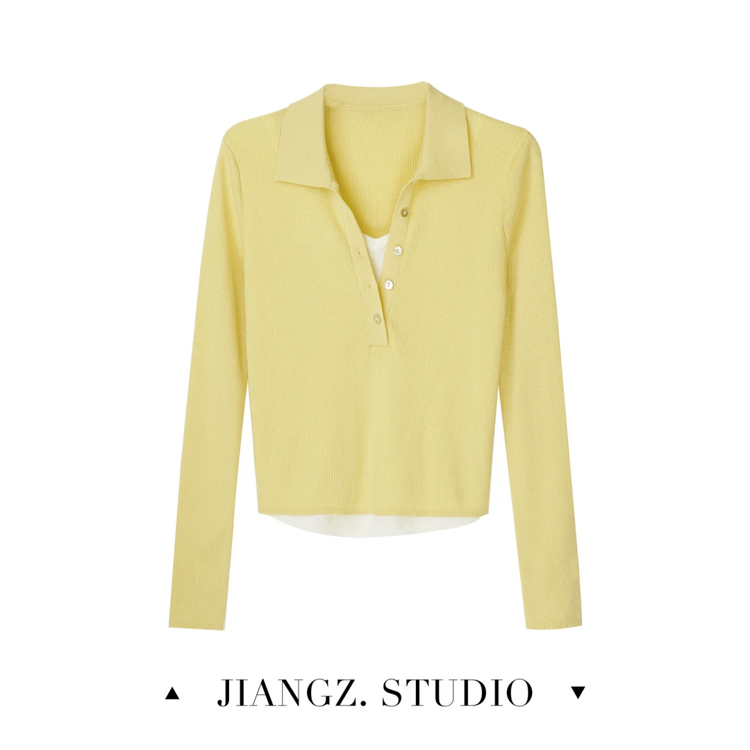 江洲【玉露】拼色下摆假两件翻领半开门襟长袖弹力修身针织羊毛衫