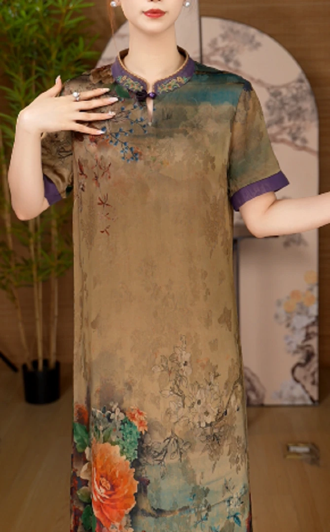 品牌高端大码碎花连衣裙女装夏季2025年新款复古短袖裙子7021