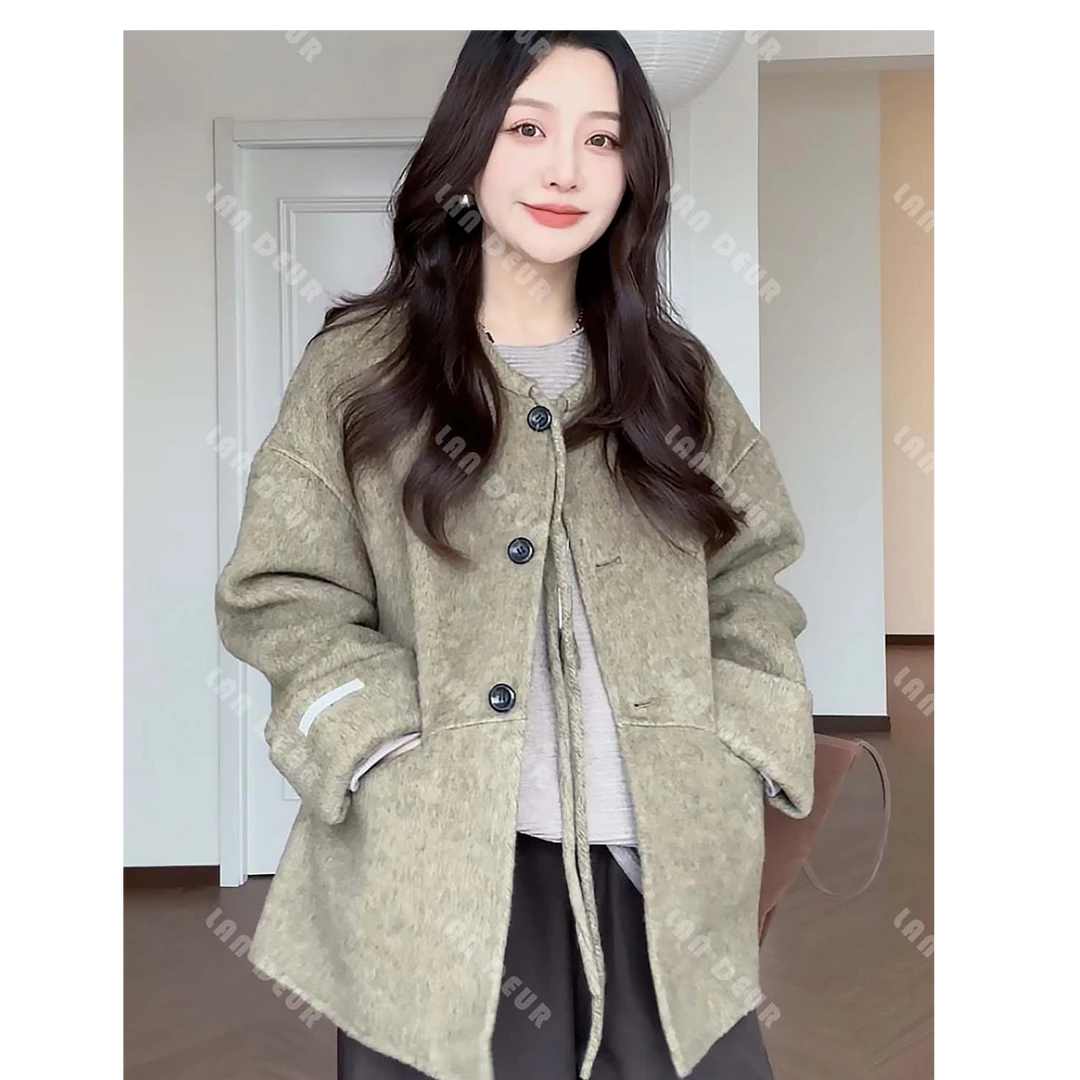 【蓝金秀场】羊毛+牦牛绒双面呢气质时尚圆领抽绳毛呢外套女上衣