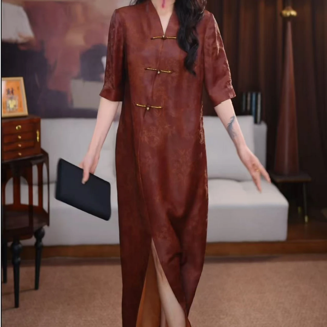 【梨疏】红云纱长款时尚宽松春夏气质新中式国风连衣裙