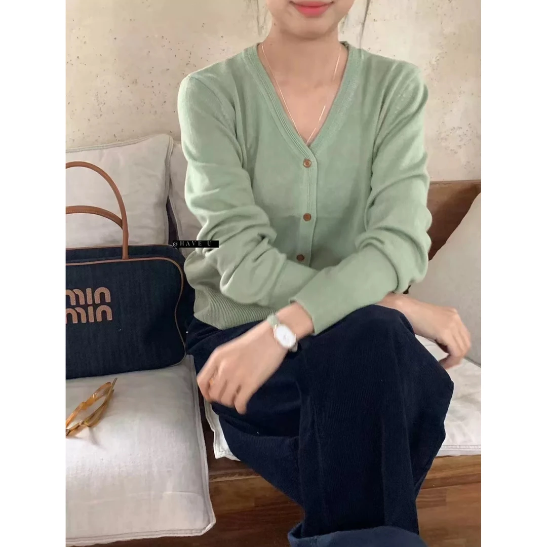 浅绿开衫」小v春季薄款纯色开衫韩系自留外套女针织上衣 25新