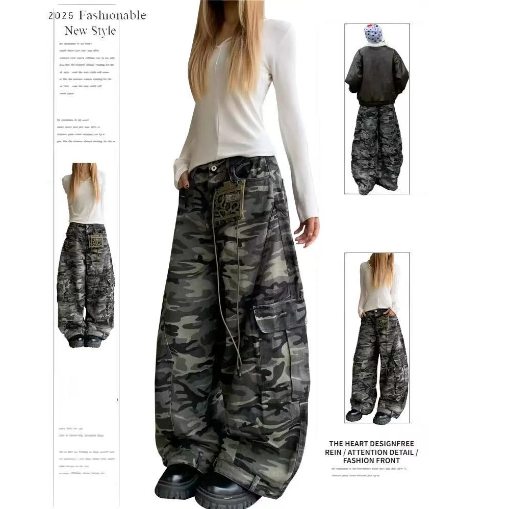 美式复古多口袋迷彩工装裤女秋冬季设计感宽松直筒阔腿裤弯刀裤子