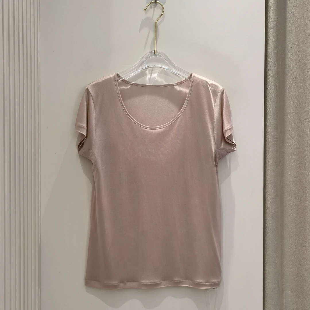 桑蚕丝圆领短袖T恤女真丝纯色修身显瘦针织夏季薄款打底上衣