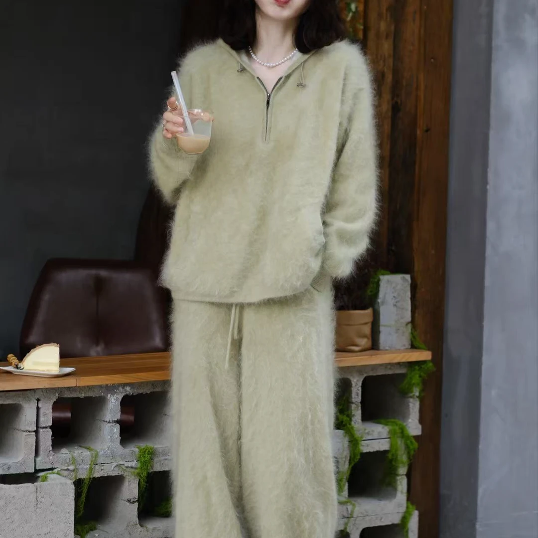 表哥绒情【今天不上班】100山羊绒绿色加厚秋冬新款休闲拉绒套装