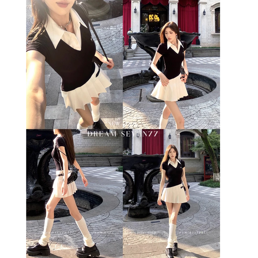 polo领拼接假两件连衣裙女2025年夏季新款显瘦裙装裙子气质套装