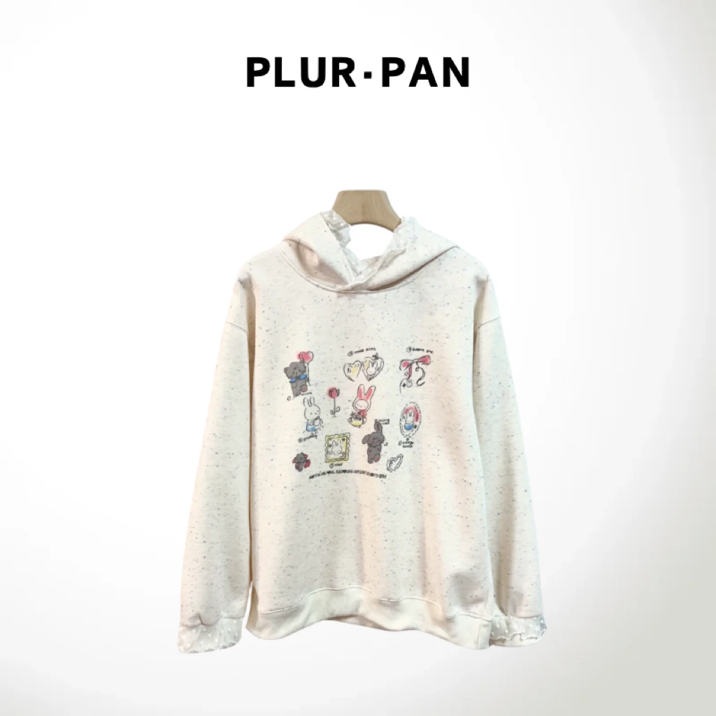 PLUR·PAN彩点兔宝宝印花拼接蕾丝连帽卫衣