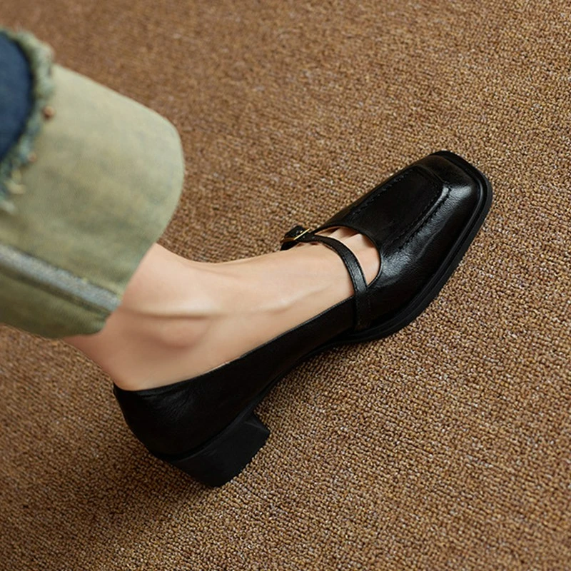 娇美动人~复古方头粗跟玛丽珍鞋女2025新款秋季法式软皮高跟单鞋