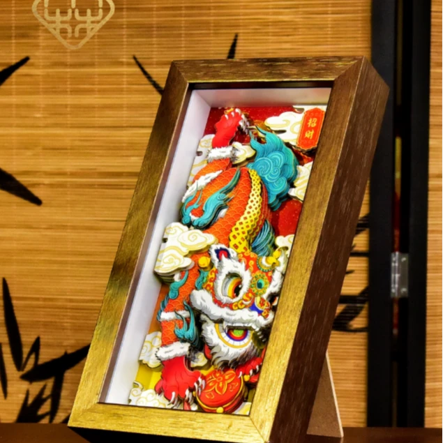 红色招米狮手工剪纸浮雕3D立体画摆件挂画送礼礼品装饰品客厅卧室