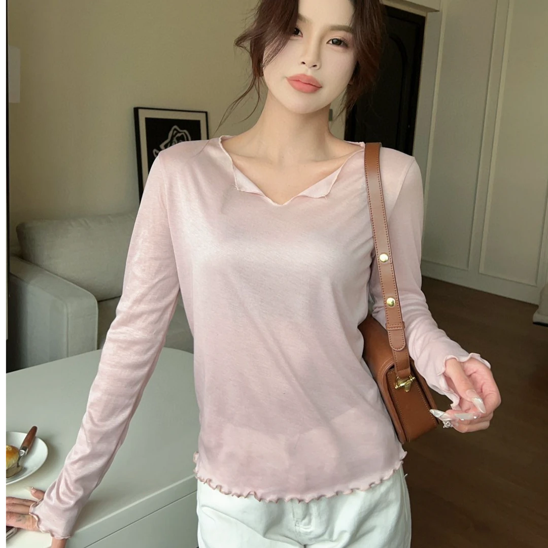 半开领冰丝长袖t恤女夏季薄透款宽松2025新长款松弛感罩衫防晒