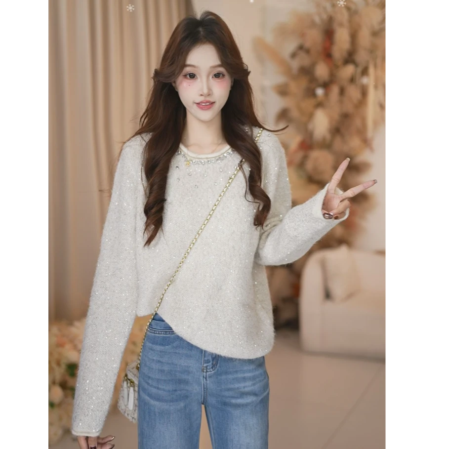 BasicHouse百家好秋冬百搭时尚圆领亮片针织毛衣B1385B5E0M2