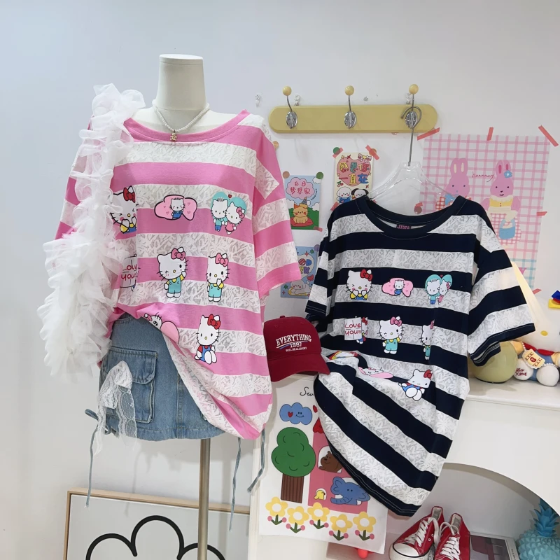 【钱呼呼】清版~新款定制面料蕾丝质感拼接宽松大版型条纹T恤