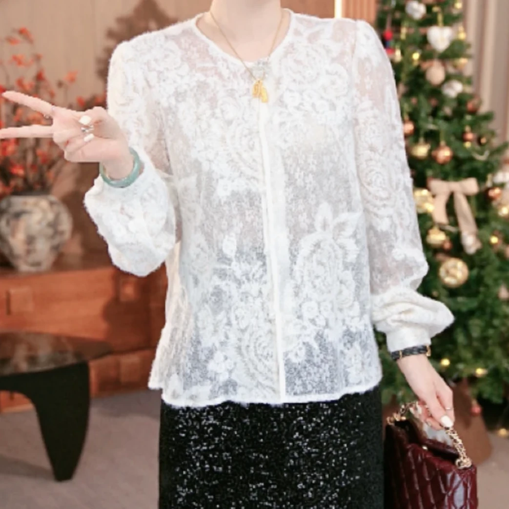 蕾丝提花衬衫女珍珠扣开衫2025新款春季重工法式气质上衣时尚衬衣