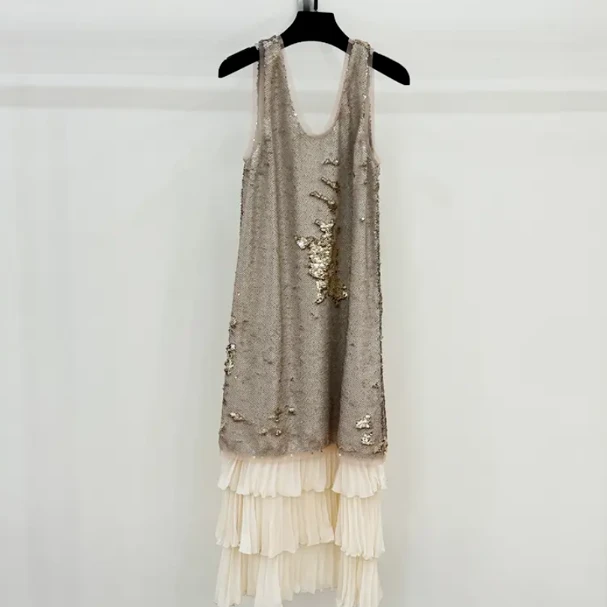 【CC专属】2025新款轻奢高级感重工亮片气质拼接裙-68005