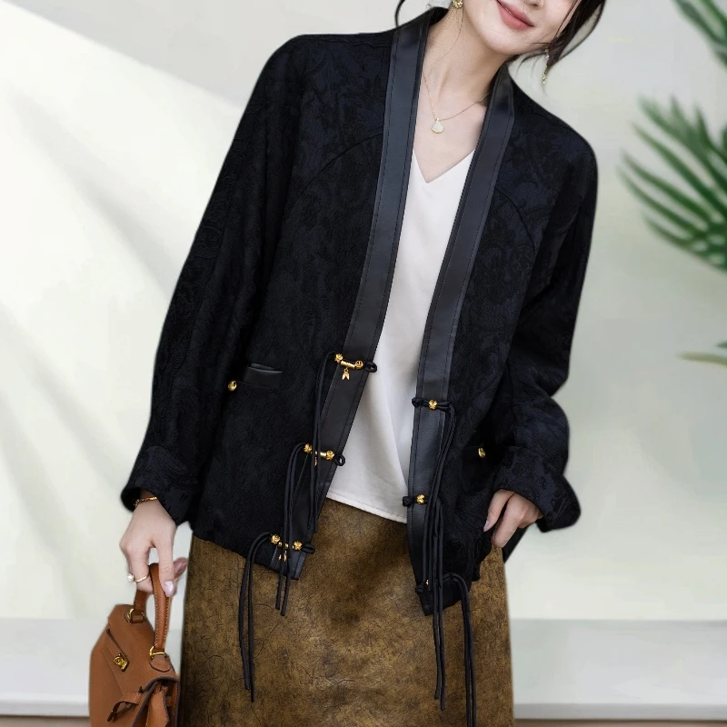 时尚新国风V领蝙蝠袖中式外套2025年春秋新款气质拼接百搭上衣女
