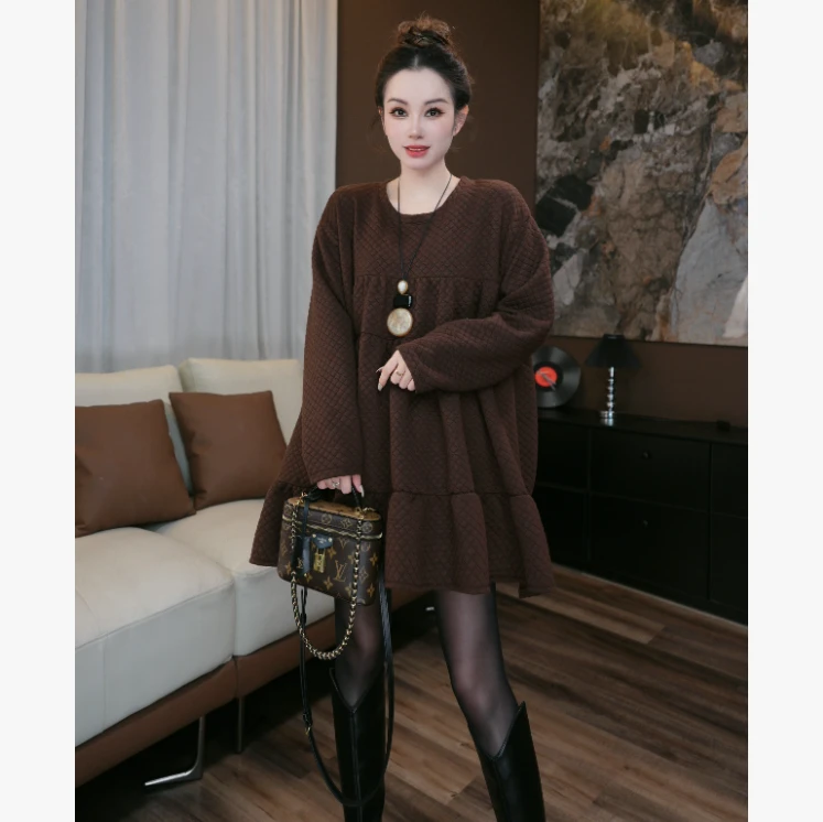 【丽丽推荐】2025秋冬宽松气质时尚减龄菱形格娃娃上衣裙sy82632