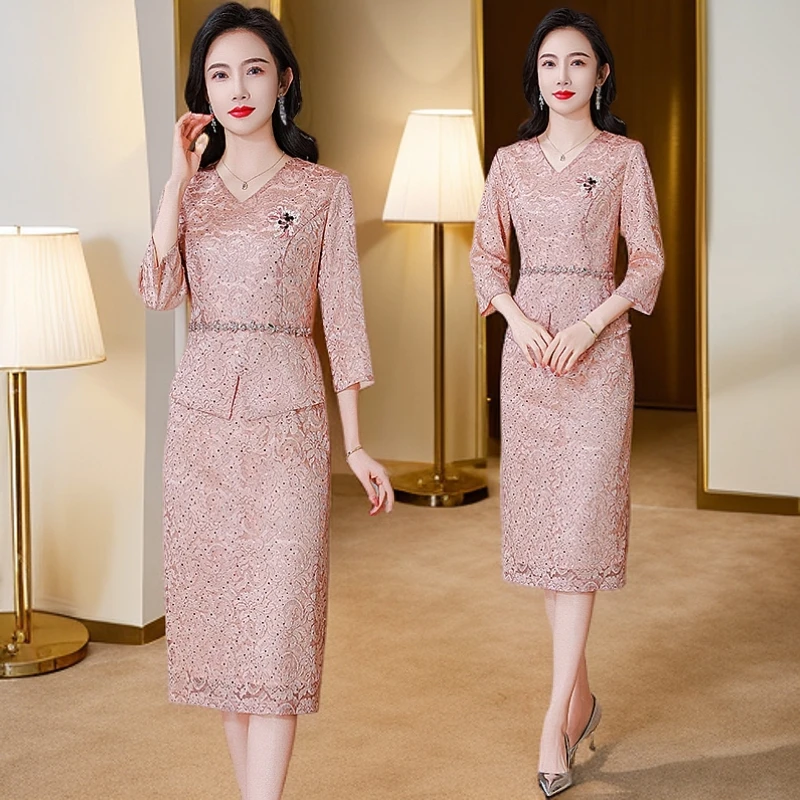 结婚喜婆婆礼服丈母娘婚宴装旗袍妈妈婚礼喜服七分袖显瘦气质裙子