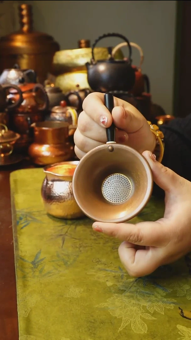 纯紫铜烤色实木柄茶漏