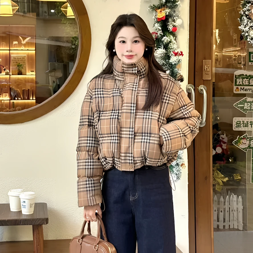 韩系宽松女款棉服耐磨不起球立领宽松型棉衣复古上衣格纹面包服