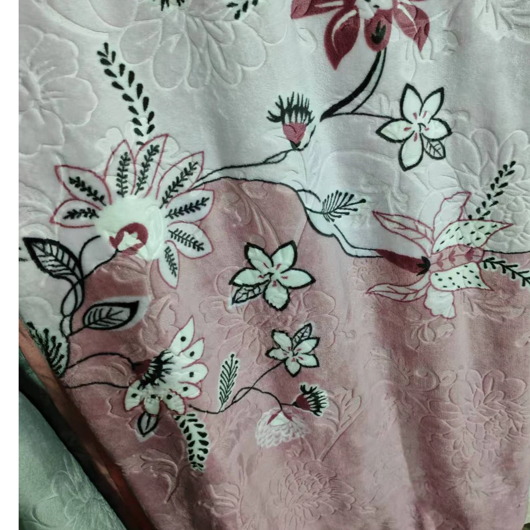 印花提花双层压花绒毯奶绒双面粉色毯子