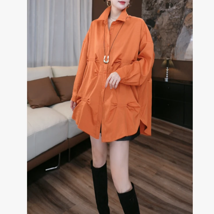 【鑫蕾】秋季新款小众褶皱韩版长袖中长款气质衬衫29108