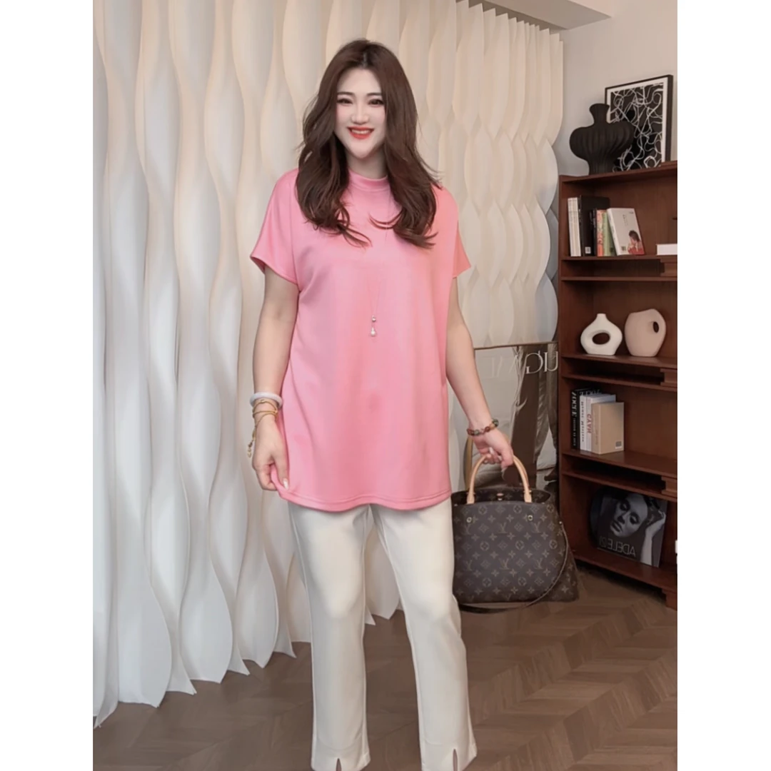 【YANLI】5129极简风夏日纯色百搭连肩中长圆领T恤