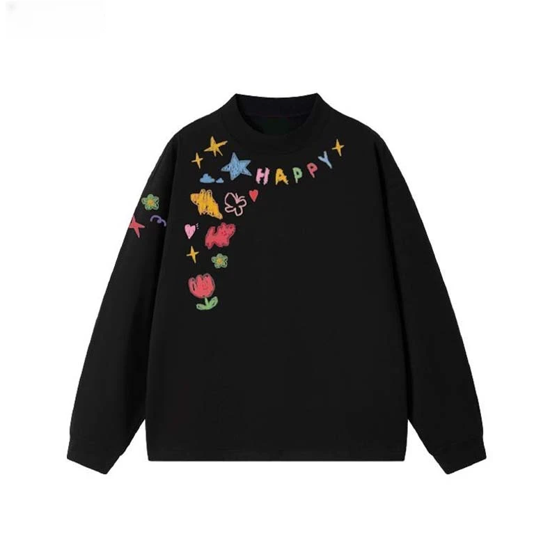 韩系潮流设计感收口长袖T恤衫ins原创创意图案宽松版情侣装纯棉