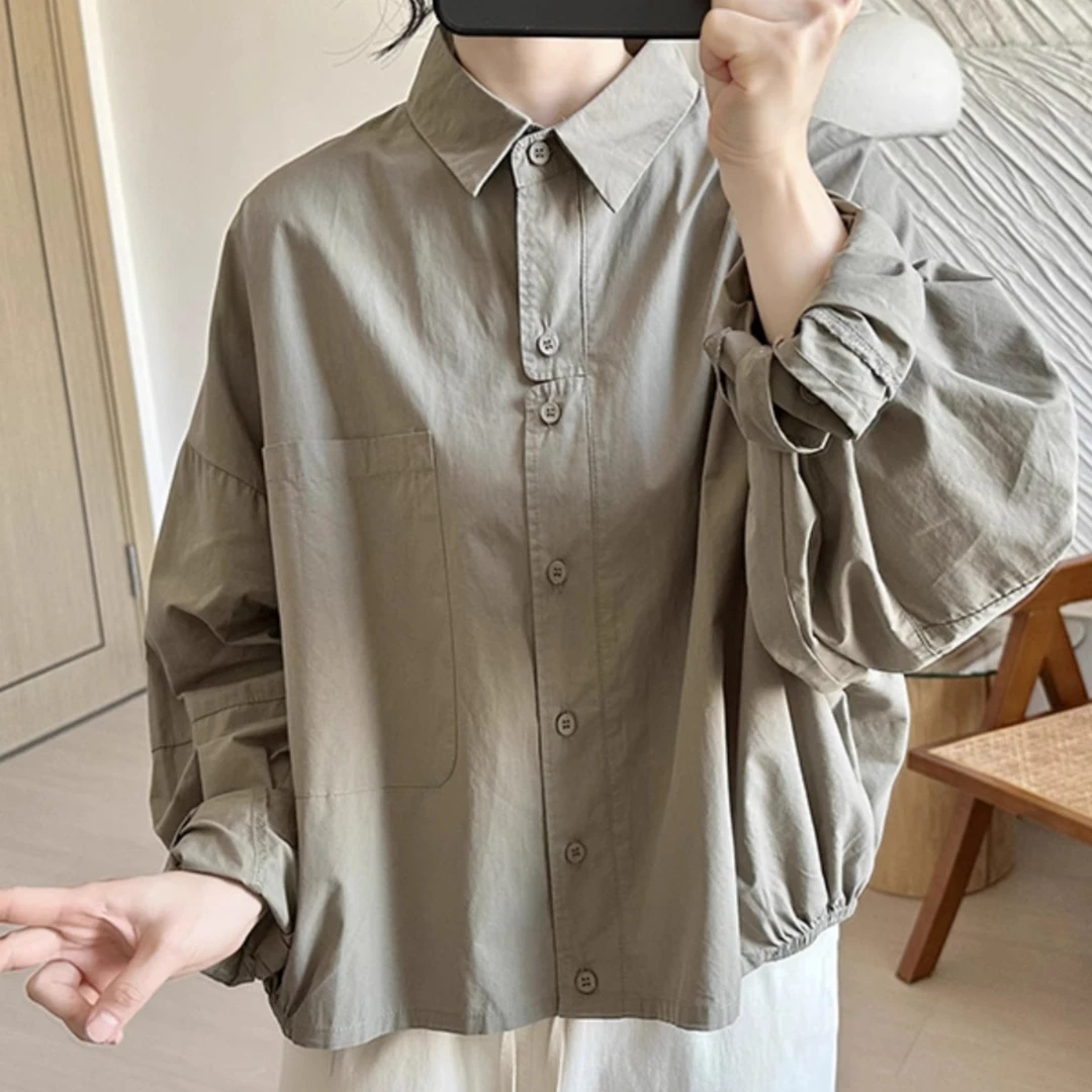 1097风简约短款纯棉衬衫女长袖2025早秋新款宽松设计感小个子上衣