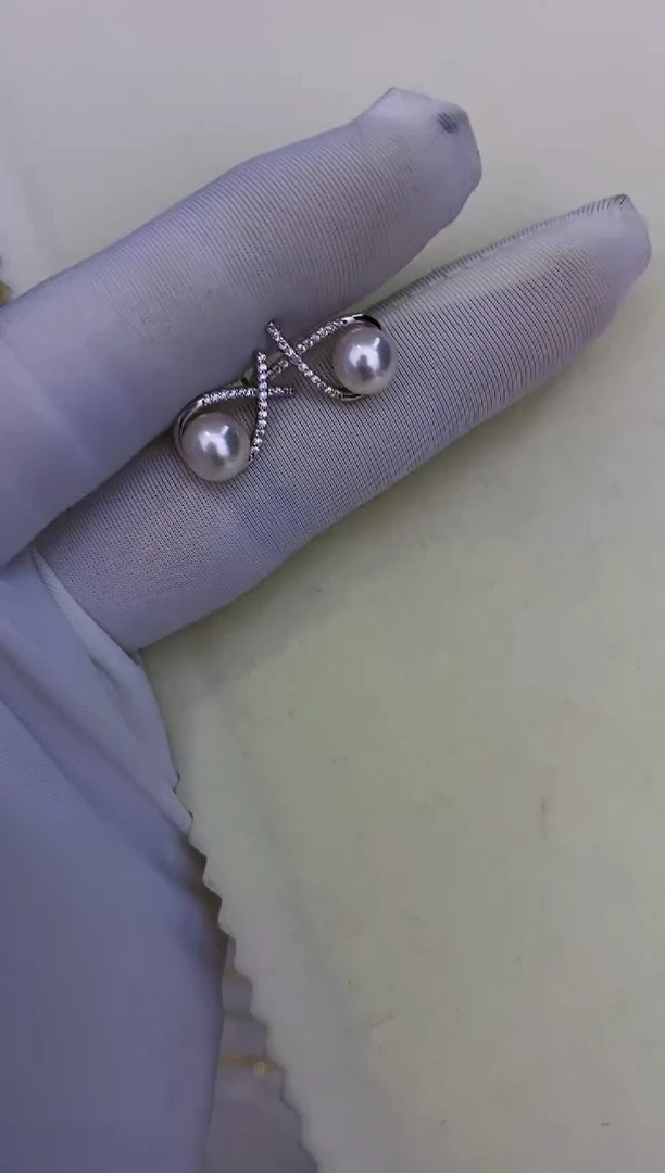 银S925镶嵌akoya设计款耳钉海水珍珠6.5-7mm