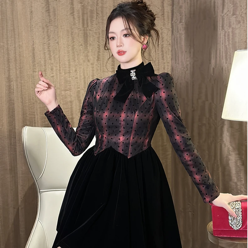 2025秋季新款时尚法式气质蝴蝶结减龄收腰格纹蓬蓬连衣裙21615