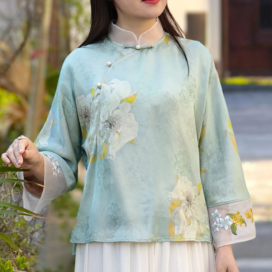 25CS023B新中式国风旗袍女2025夏季新款袖口刺绣设计宽松遮肚小衫