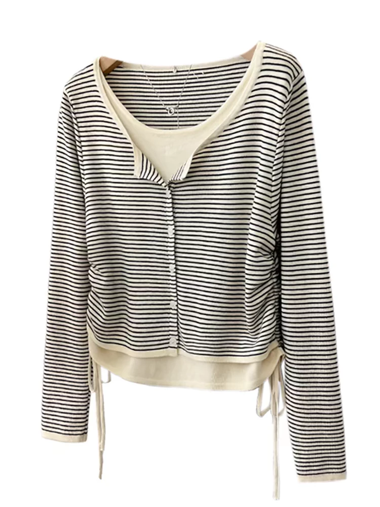 C31条纹假两件抽绳长袖T恤女春秋新款设计感独特别致宽松显瘦上衣