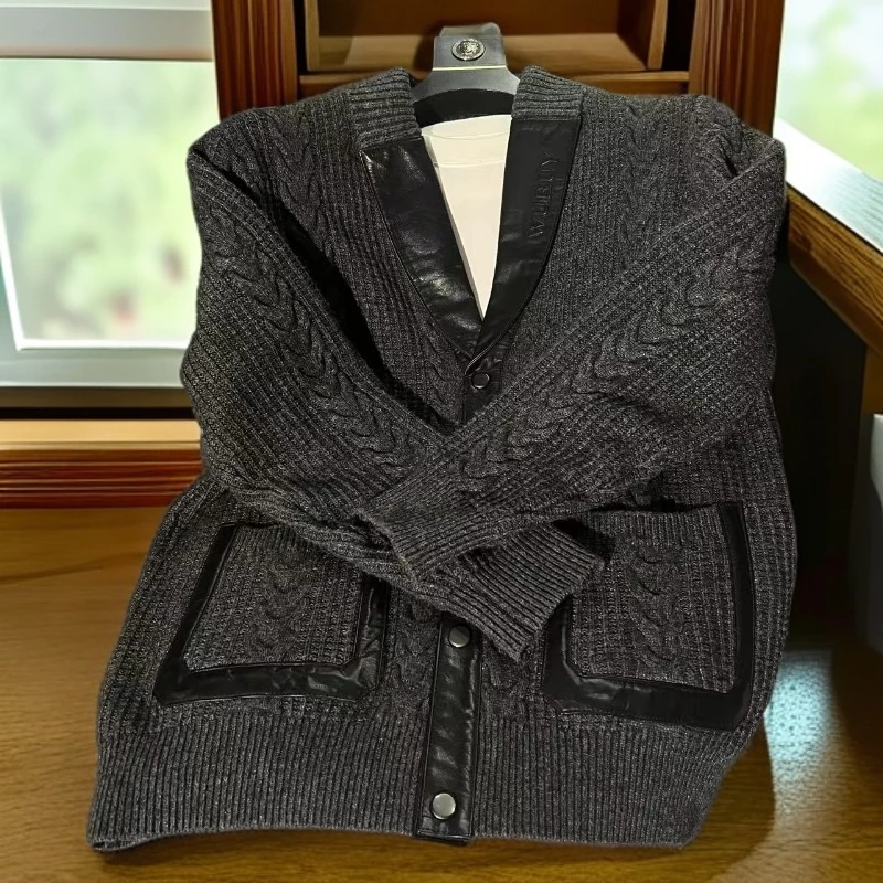 海宁春秋男士青果领羊毛衫拼头层牛皮休闲百搭保暖时尚短款夹克