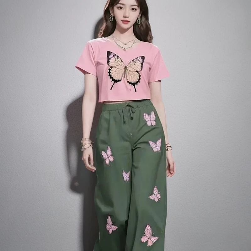 早春穿搭一整套洋气女装印花蝴蝶T恤高腰时尚设计印花直筒抽绳裤