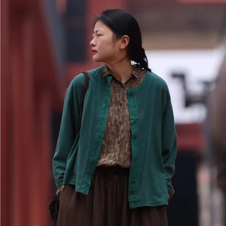 衣路走来-原创设计春季新款纯棉拼接圆领针织长袖开衫38603